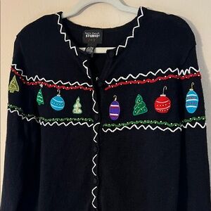 Designer Originals Studio Joy | Black Cardigan with Festive Ornaments | Large 🎄